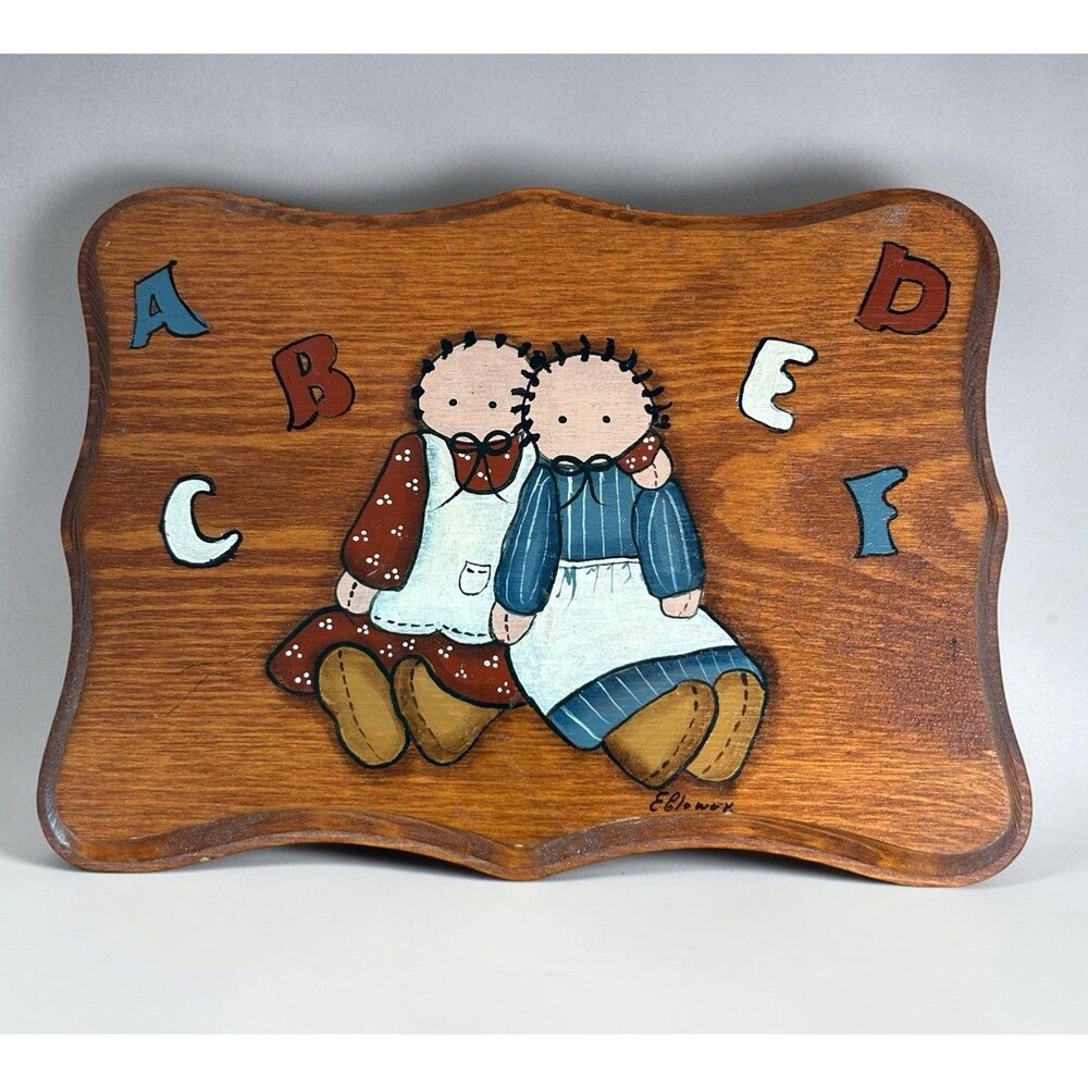 Vintage Wooden Wall Folk Art Kids Dolls ABC Hand Painted 9in Primitive Amish